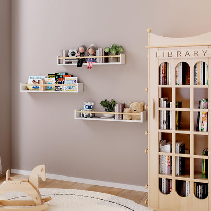Fixwal Nursery Book Shelves, 16.5 Inch Floating Bookshelves for Wall Set of 3, Baby Nursery Decor, Solid Wood Wall Mounted Shelves for Books, Toys and Decor Storage (Brown)