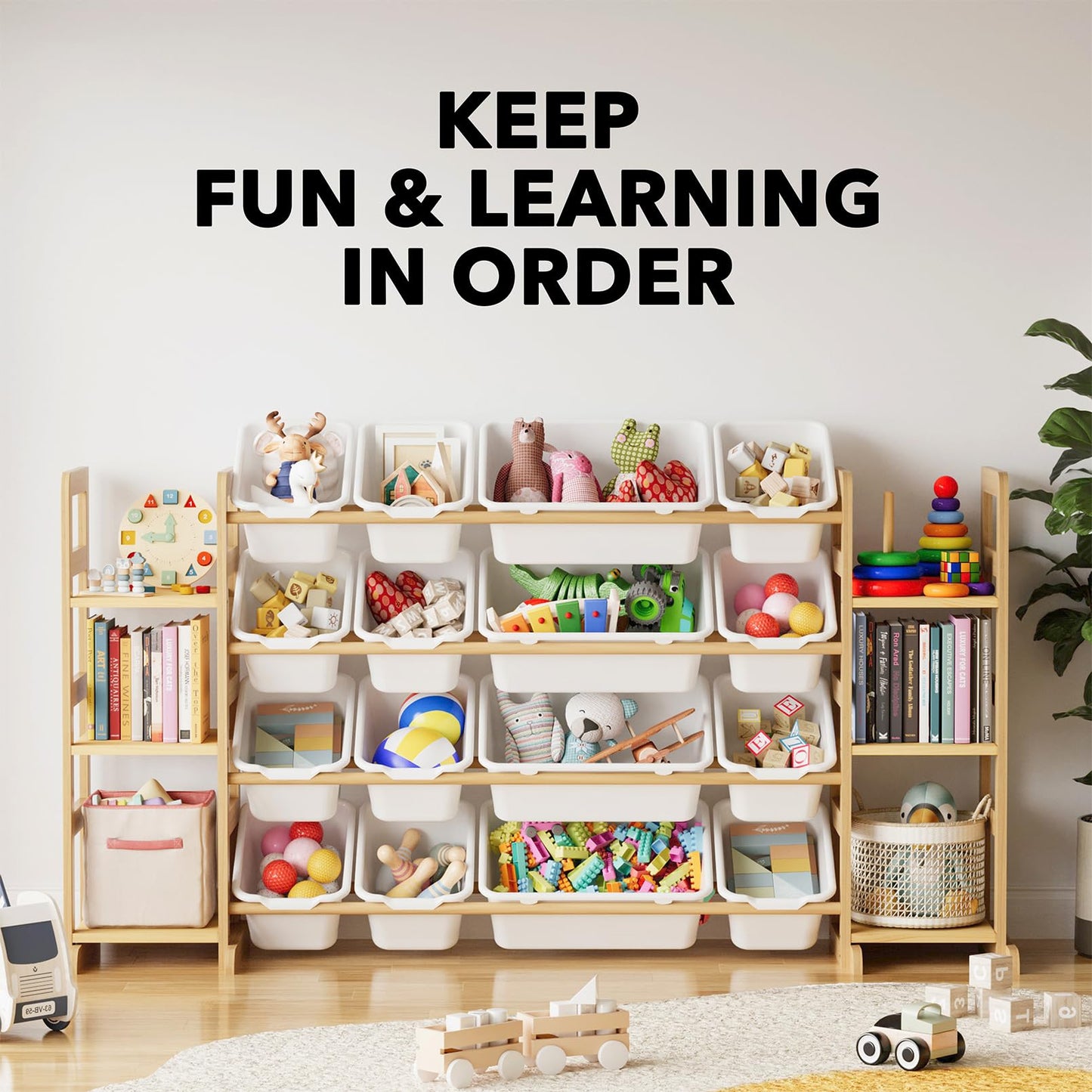 SpaceAid Toy Storage Organizer with 6 Shelves and 12 Bins, Bookshelf/Bookcase, Kids Bin Shelf, Toys Box for Playroom Organization for Bedroom & Room Decor, White, 52.3" W