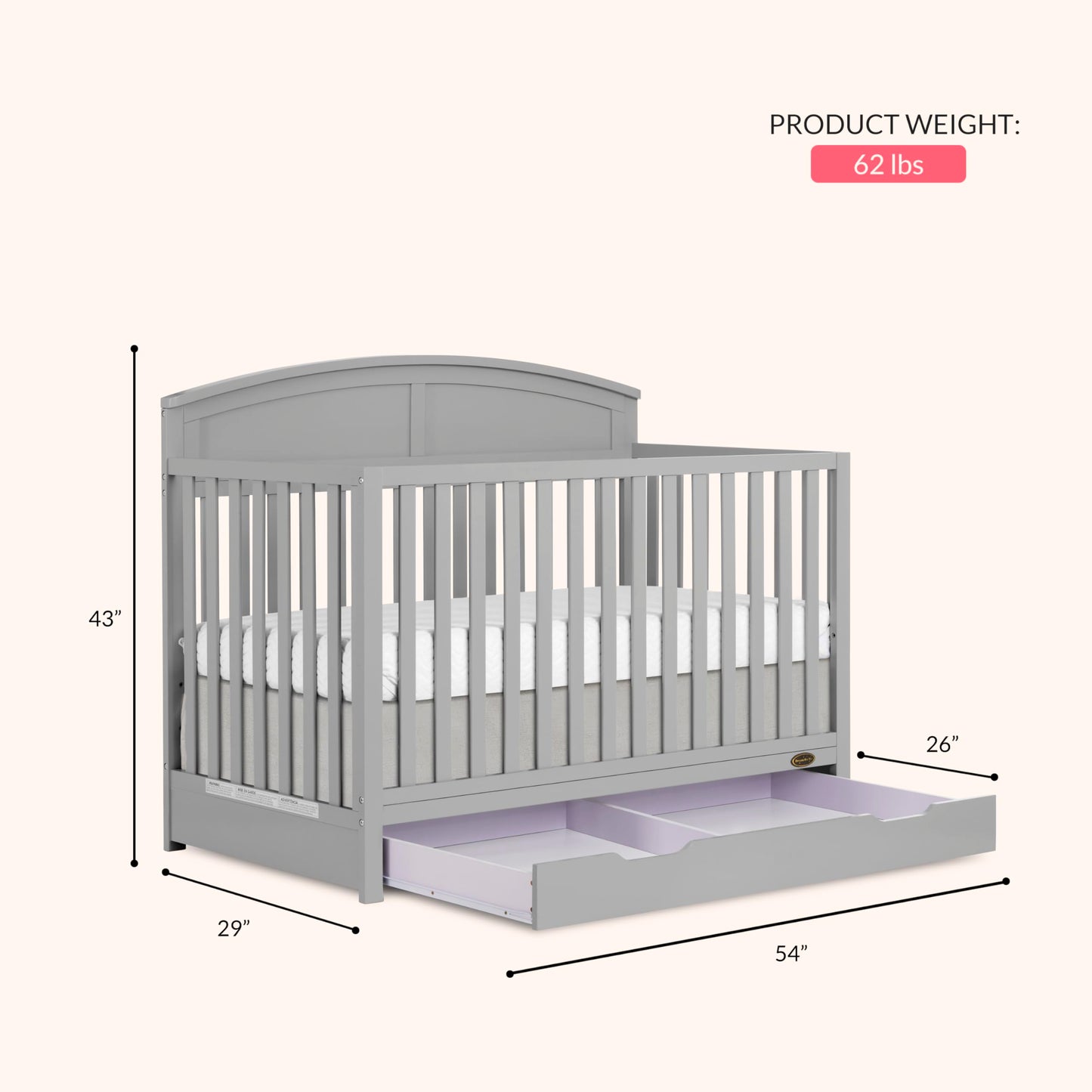 Dream On Me Storybrooke 5-in-1 Convertible Full-Size Crib with Under Drawer, White, GreenGuard Gold & JPMA, Convert to Toddler, Day & Full-Size Bed, 3 Mattress Heights, Sustainable Pinewood