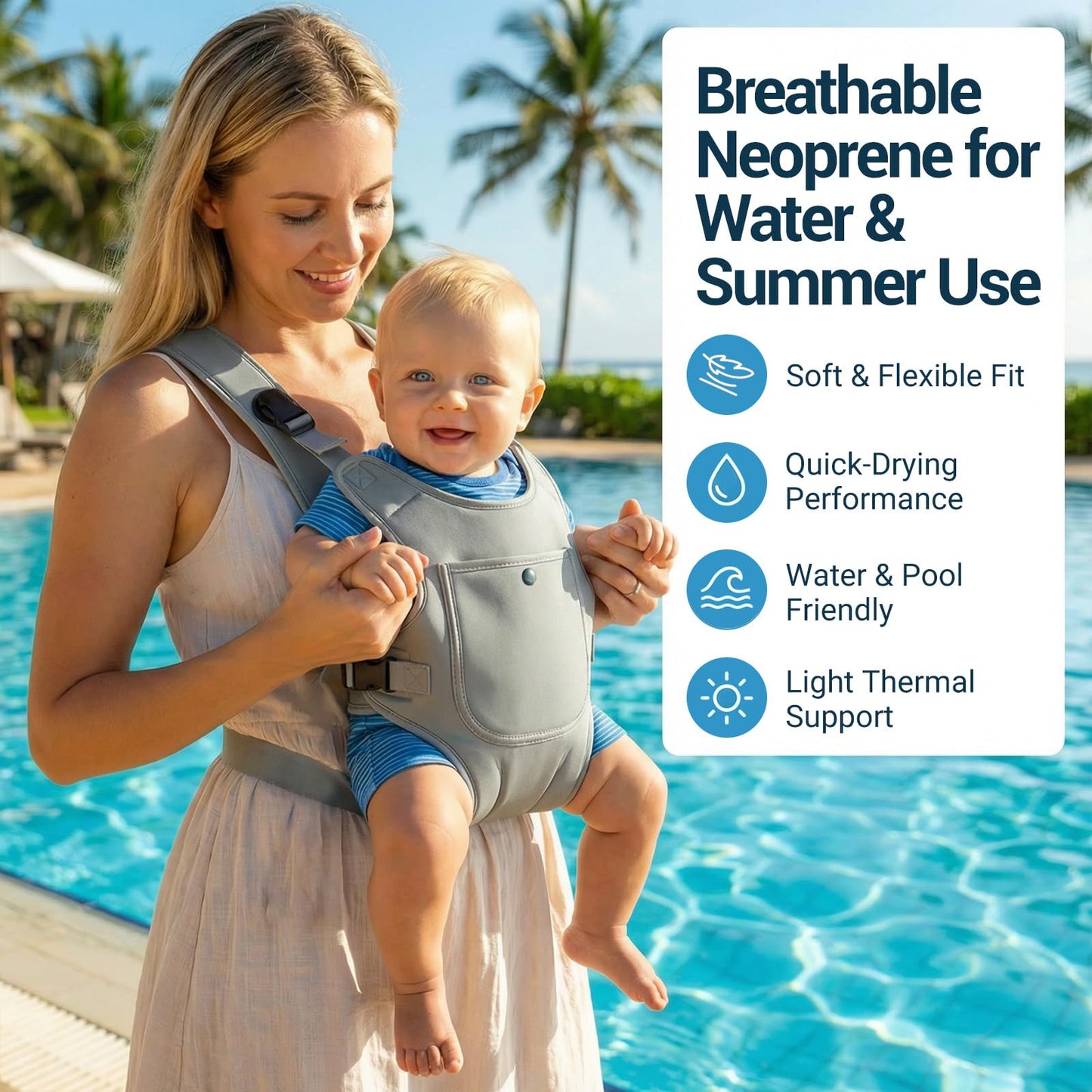Neoprene Water Baby Carrier Newborn to Toddler, Ergonomic Waterproof Infant Chest Holder with Adjustable Straps, Breathable & Lightweight Baby Wearing Gear for Summer Pool Swimming & Beach