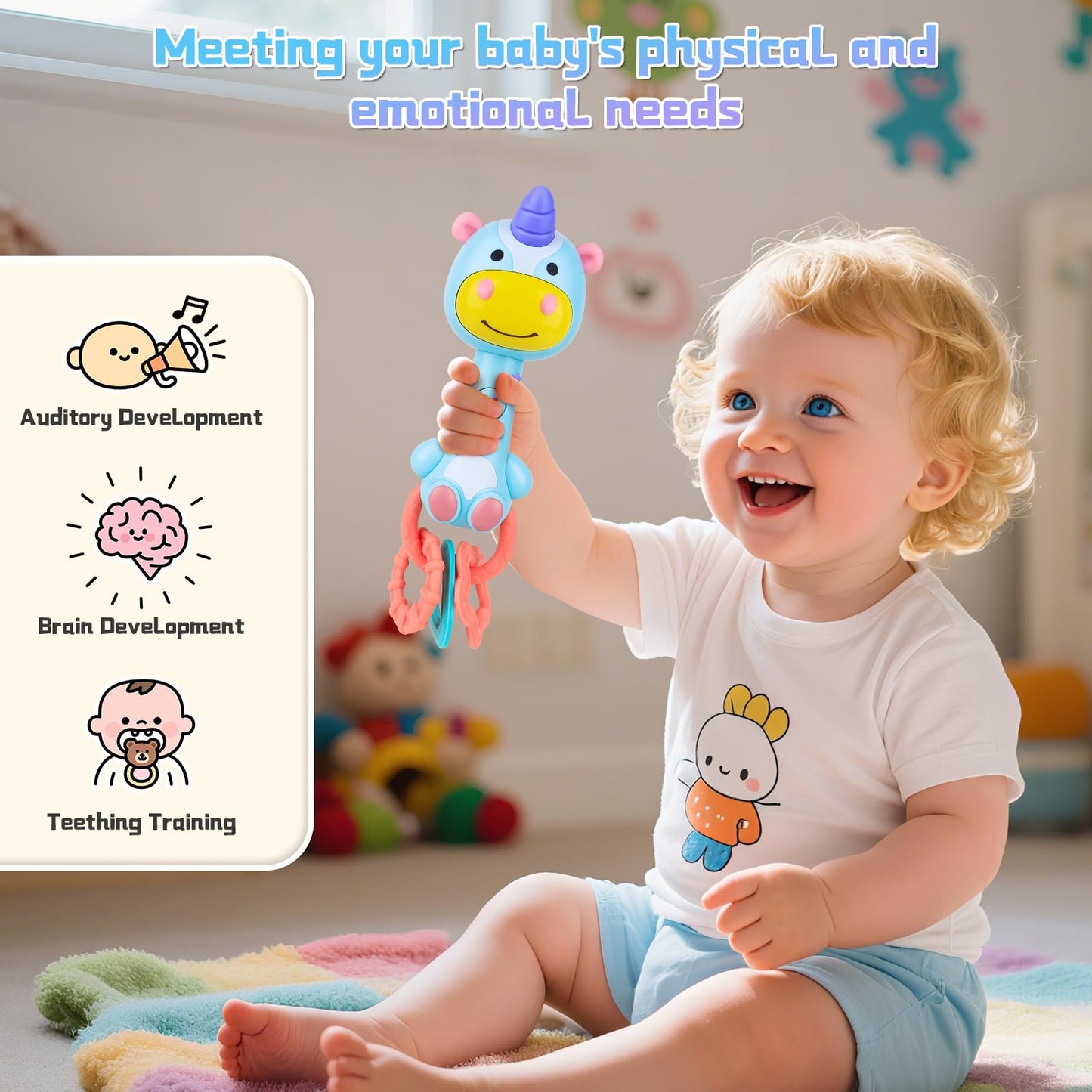 Musical Baby Rattle Toy, Soft Silicone Infant Teething Light-Up Rattle for Sensory Development, Easy Grasp Newborn Toy for 0-3-6-12 Months, Safe Early Learning Gift for Boys Girls