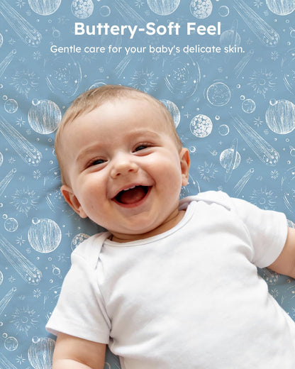 Unnivoll Baby Crib Sheets for Boys Girls, 28x52x8in Fitted Crib Sheet Neutral 3 Pack for Standard Crib and Toddler Mattress, Breathable Soft Microfiber Baby Sheet Blue Gray Planet