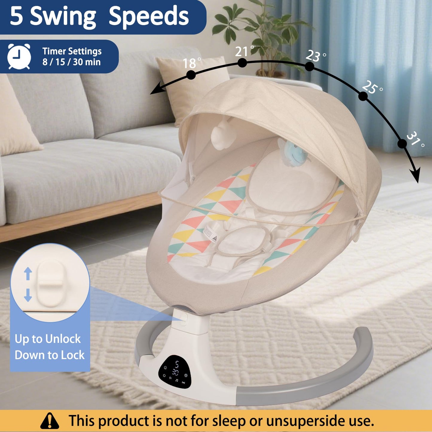 JFOVMCYG Electric Baby Swing for Infants and Toddlers, Portable Rocker with 5 Sway Speeds, Bluetooth Music, Remote Control, 10 Preset Melodies for Newborn Boy & Girl, 0-9 Months, Gray