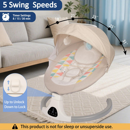 JFOVMCYG Electric Baby Swing for Infants and Toddlers, Portable Rocker with 5 Sway Speeds, Bluetooth Music, Remote Control, 10 Preset Melodies for Newborn Boy & Girl, 0-9 Months, Gray