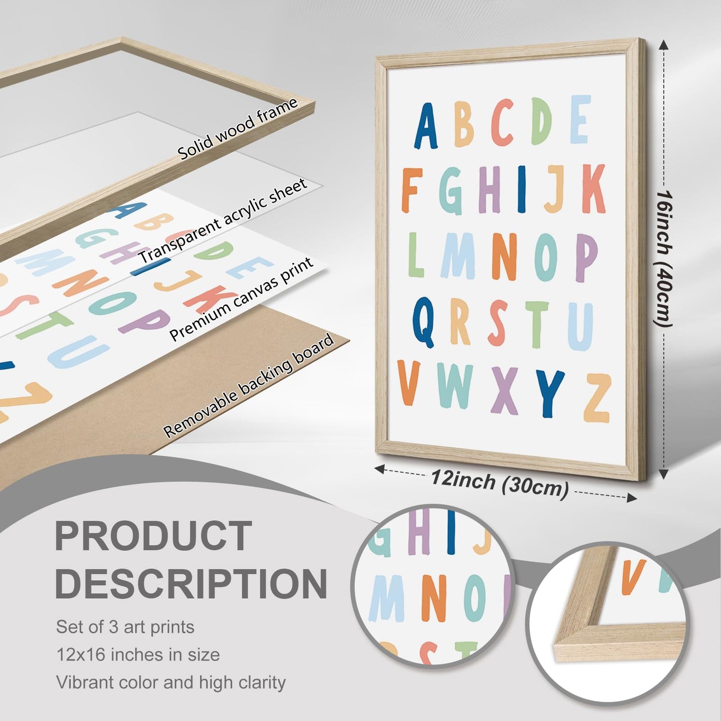 Kids Playroom Wall Art Decor Nursery ABC Alphabet Poster Play Room Canvas Wall Decor Toddler Childrens Educational Artwork Numbers Shapes Prints ABC Picture for Playroom 12x16 Inch Unframed Set of 3
