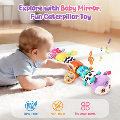 Baby Sensory Toys for 0-6 6-12 Months, Musical Stuffed Caterpillar Animal Toys for Infant 3 6 9 12 18 Months, Tummy Time Toys with Mirror Rattle Crinkle for Newborn Boys Girls Shower Gifts