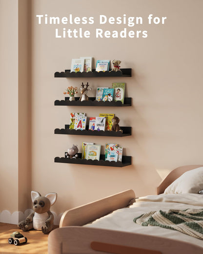 Shario Nursery Book Shelves, 4-Pack White Floating Shelves for Wall Kids, Scalloped Shelves, Wall Book Shelves for Bedroom Kids, Toddler Room, Baby Room, Nursery Decor