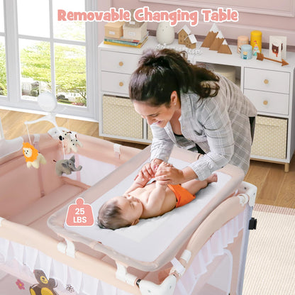 BABY JOY 4 in 1 Pack and Play with Canopy, Portable Baby Playard with Bassinet, Double-Layer Baby Crib, Wheels & Brake, Foldable Baby Girl Pink Princess Bassinet from Newborn to Toddler