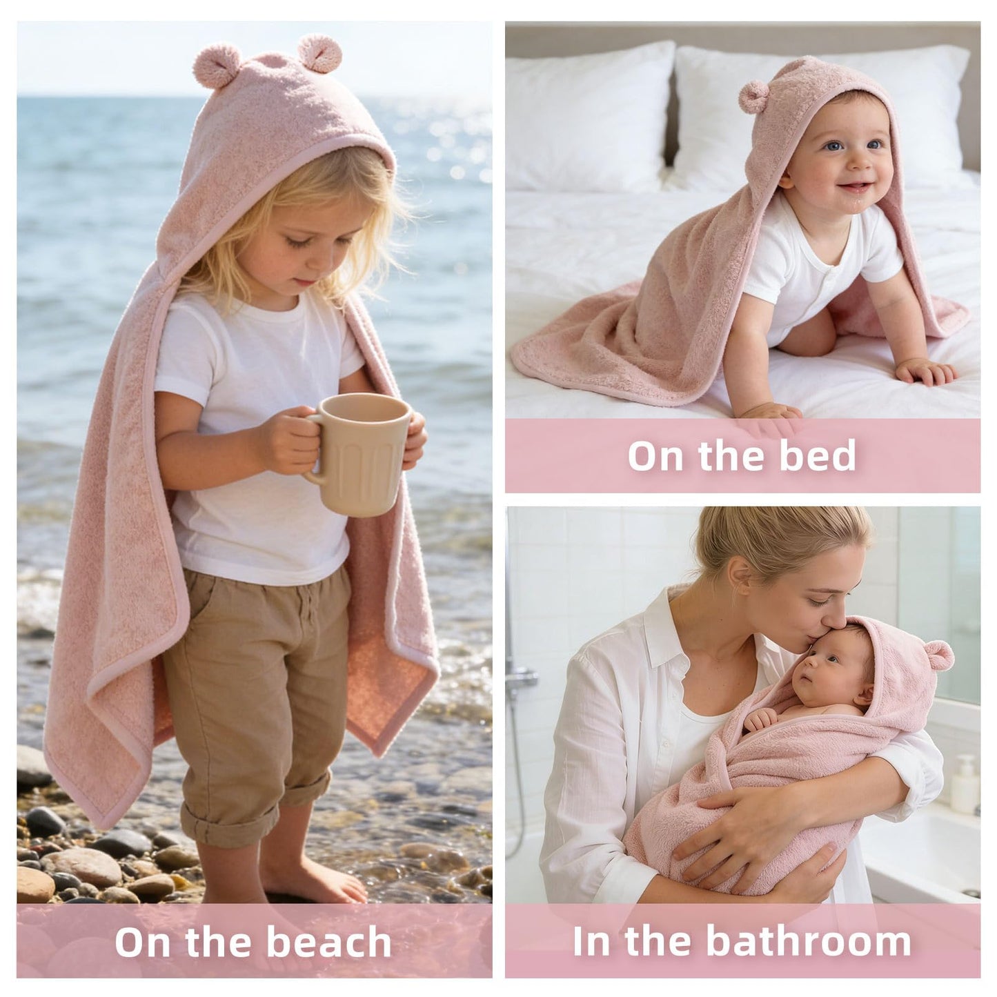 LifeTree 1 Pack Baby Hooded Towel with 1 Pack Washcloth for Newborn, 100% Cotton Bath Towel for Babies, Infant, Toddler and Kids, Thick,Soft and Absorbent, 30 * 30 Inches, Newborn Essentials, Pink