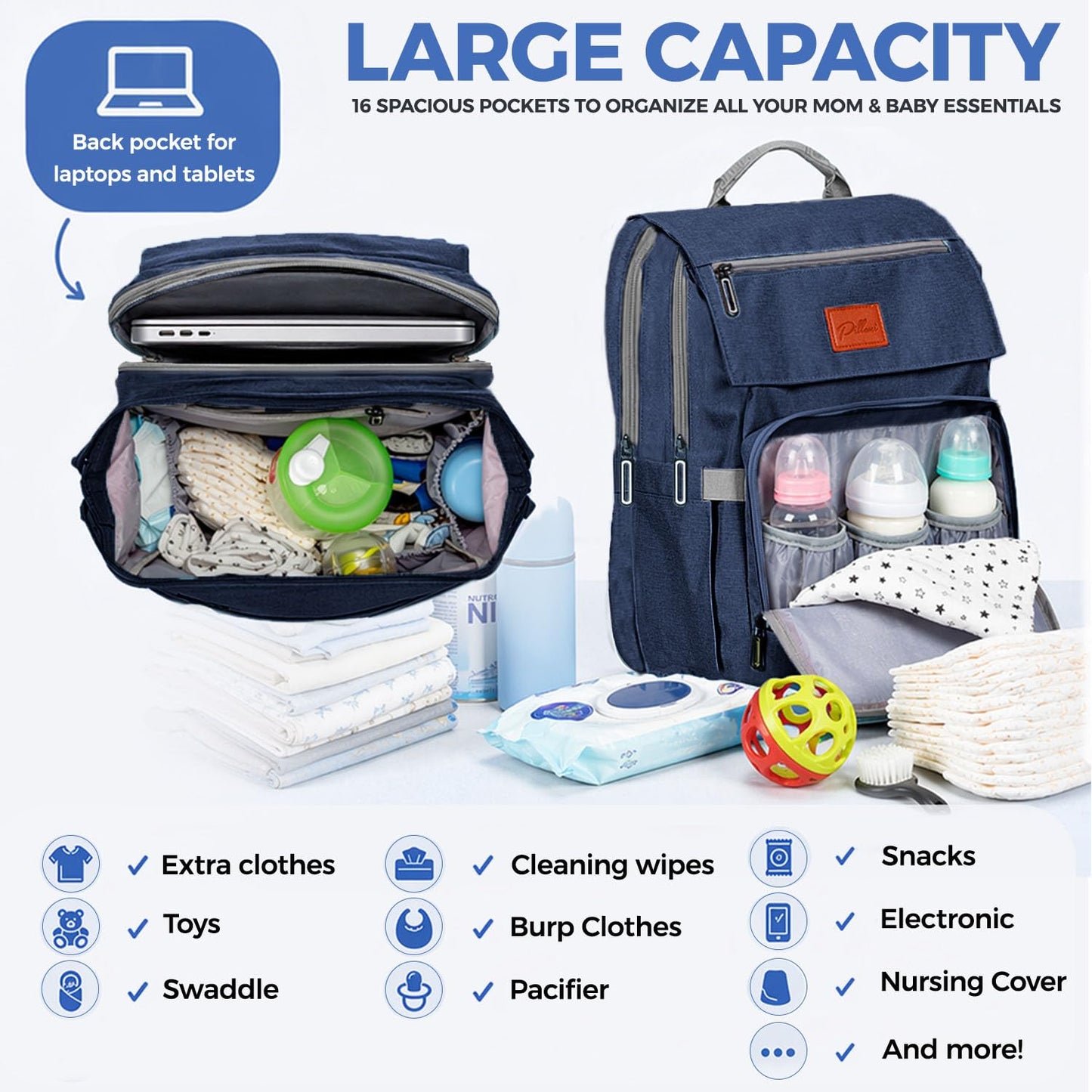 PILLANI Baby Diaper Bag Backpack - Baby Bag for Girls & Boys, Large Waterproof Toddler Diaper Backpack - Baby Shower Gifts & Registry Must Haves - Travel Diaper Bags with Changing Pad - Newborn Stuff