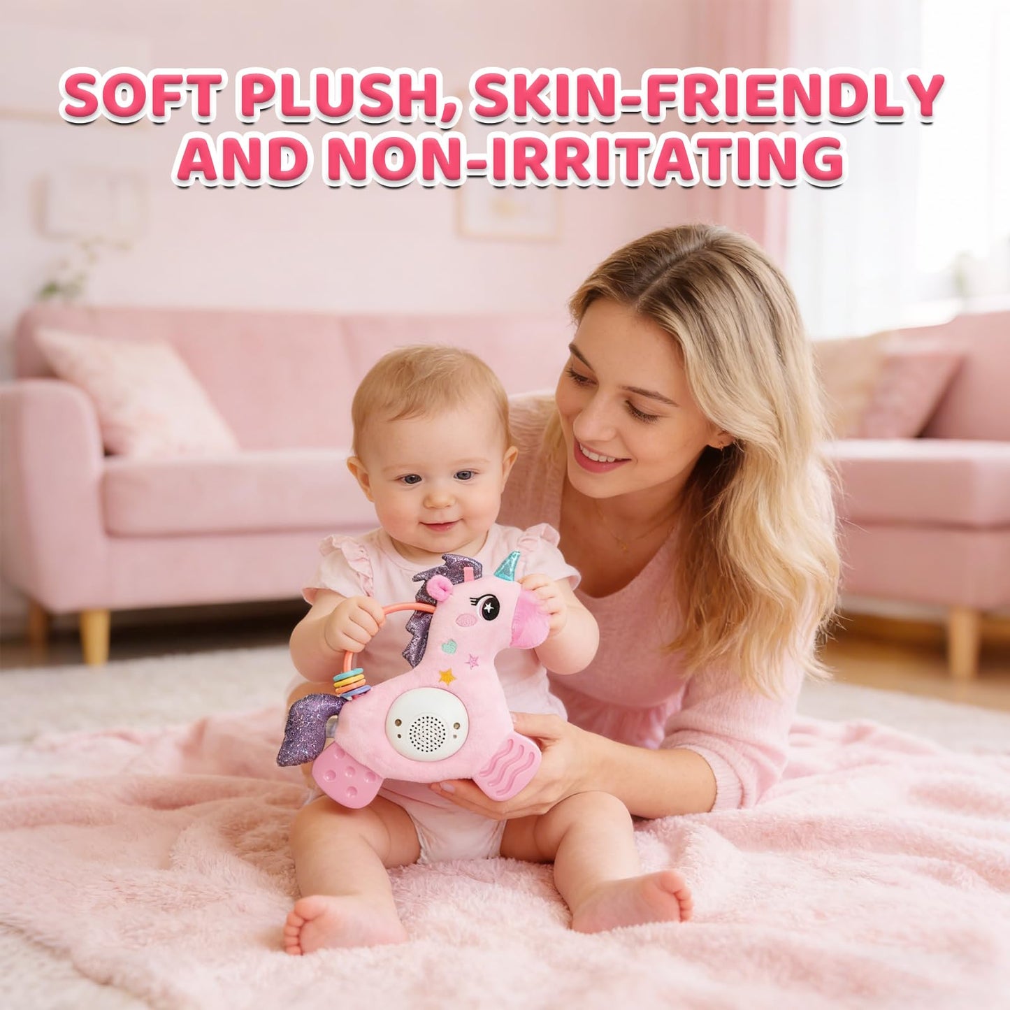 Baby Musical Activity Soft Toys with Sound & Light, Sensory Toys for Infant Developmental with Teether, Rattle and Textures, Soft Plush Toy for Newborn Gift 6 to 12 Months (Pink Unicorn)