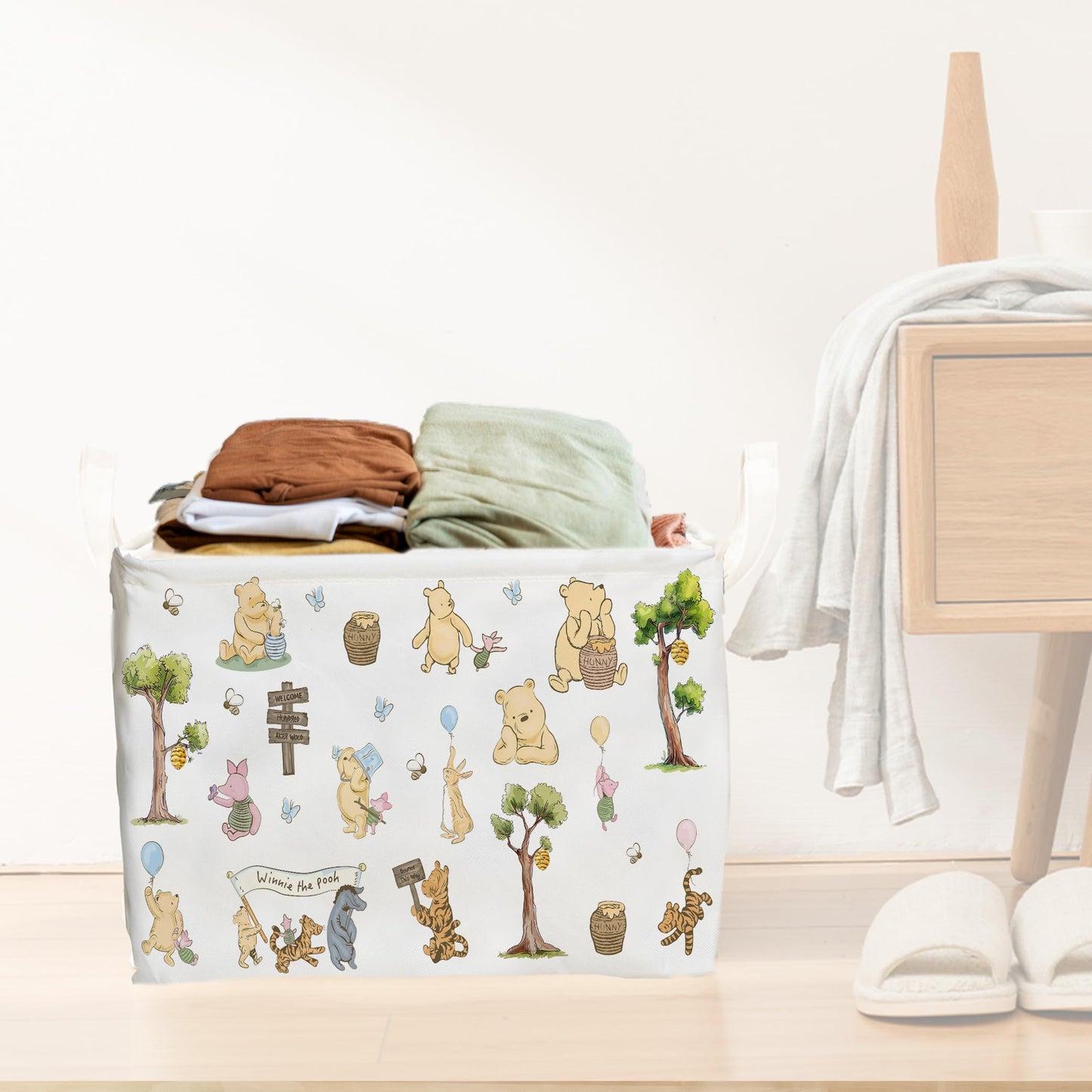 Winnie Nursery Decor, the Pooh Baby Stuff, Winnie Storage Nursery Basket, Large squarecanvas Laundry Hamper With A Waterproof PECoating, Foldable, Toys Bin, Baby Nursery HamperDecor, Star