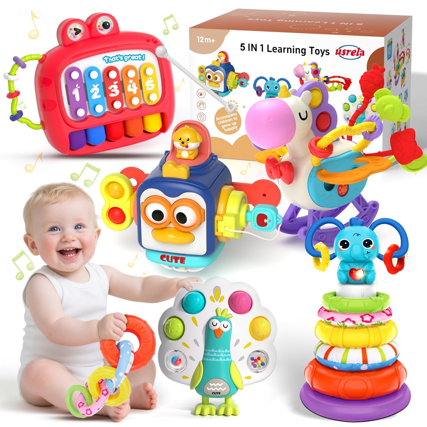 usrela 4 in 1 Baby Toys for 6 12 18 Month, Learning Toys for Babies 6-12 Months, Busy Cube, Stacking Sorter, Piano Xylophone Pull String Travel Toy, Birthday Gifts for Toddlers 1 2 Years Old