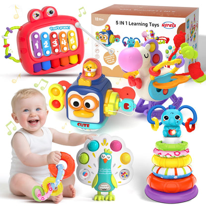 usrela 4 in 1 Baby Toys for 6 12 18 Month, Learning Toys for Babies 6-12 Months, Busy Cube, Stacking Sorter, Piano Xylophone Pull String Travel Toy, Birthday Gifts for Toddlers 1 2 Years Old