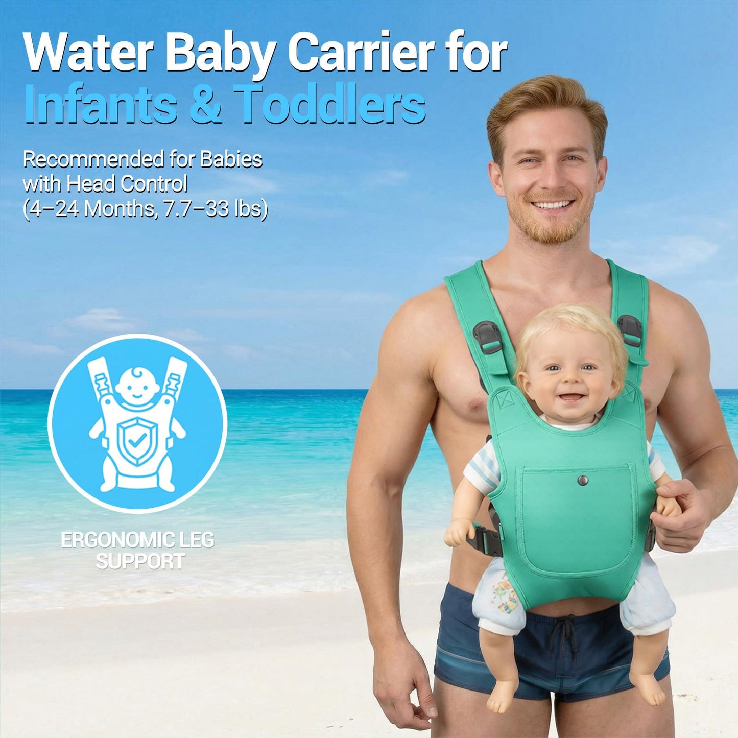 Neoprene Water Baby Carrier Newborn to Toddler, Ergonomic Waterproof Infant Chest Holder with Adjustable Straps, Breathable & Lightweight Baby Wearing Gear for Summer Pool Swimming & Beach