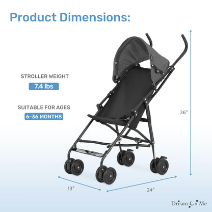Dream On Me Aero Travel Umbrella Stroller, One-Hand Quick Fold, 3-Point Safety Harness, Dual Brakes, Adjustable Removable Canopy, Lightweight Compact & Space-Saving for Infants and Toddlers – Black