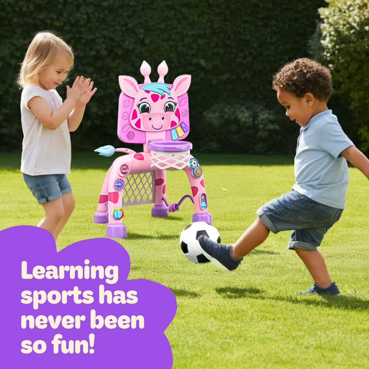Move2Play, Dinosaur Basketball Hoop & Soccer Goal Activity Center | 30+ Sounds & Songs + 5 Lights | 1 2 3 Year Old for Boys and Girls | Toy & Gift for Baby & Toddlers