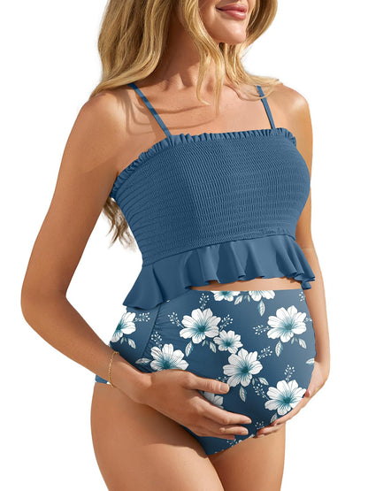 Summer Mae Maternity High Waist Swimsuit Ruffle Hem Bikini Bathing Suit Shirred Bandeau Two Piece Pregnancy Swimwear