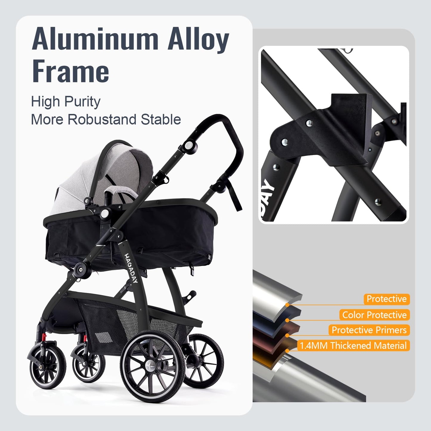 Hagaday Baby Stroller, 2-in-1 Reversible Toddler Seat with Bassinet Mode, Foldable Infant Stroller with Canopy, One Button Brake, Adjustable Handle, Newborn Pushchair(Blue)