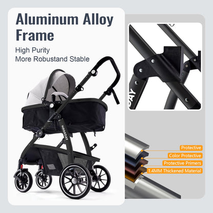 Hagaday Baby Stroller, 2-in-1 Reversible Toddler Seat with Bassinet Mode, Foldable Infant Stroller with Canopy, One Button Brake, Adjustable Handle, Newborn Pushchair(Blue)