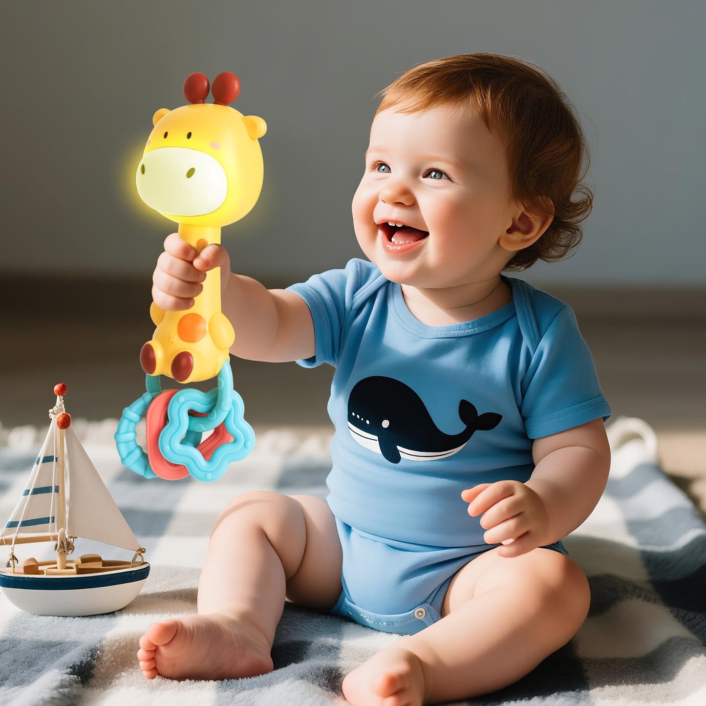 Musical Baby Rattle Toy, Soft Silicone Infant Teething Light-Up Rattle for Sensory Development, Easy Grasp Newborn Toy for 0-3-6-12 Months, Safe Early Learning Gift for Boys Girls