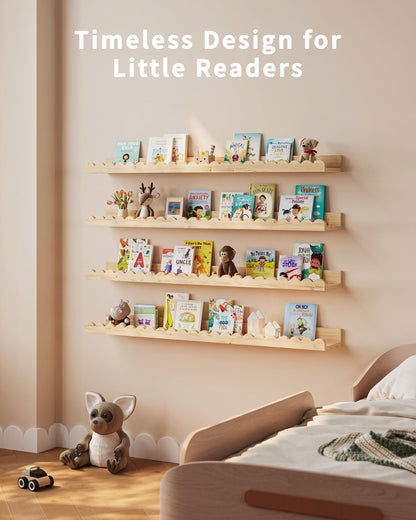 Shario Nursery Book Shelves, 4-Pack White Floating Shelves for Wall Kids, Scalloped Shelves, Wall Book Shelves for Bedroom Kids, Toddler Room, Baby Room, Nursery Decor
