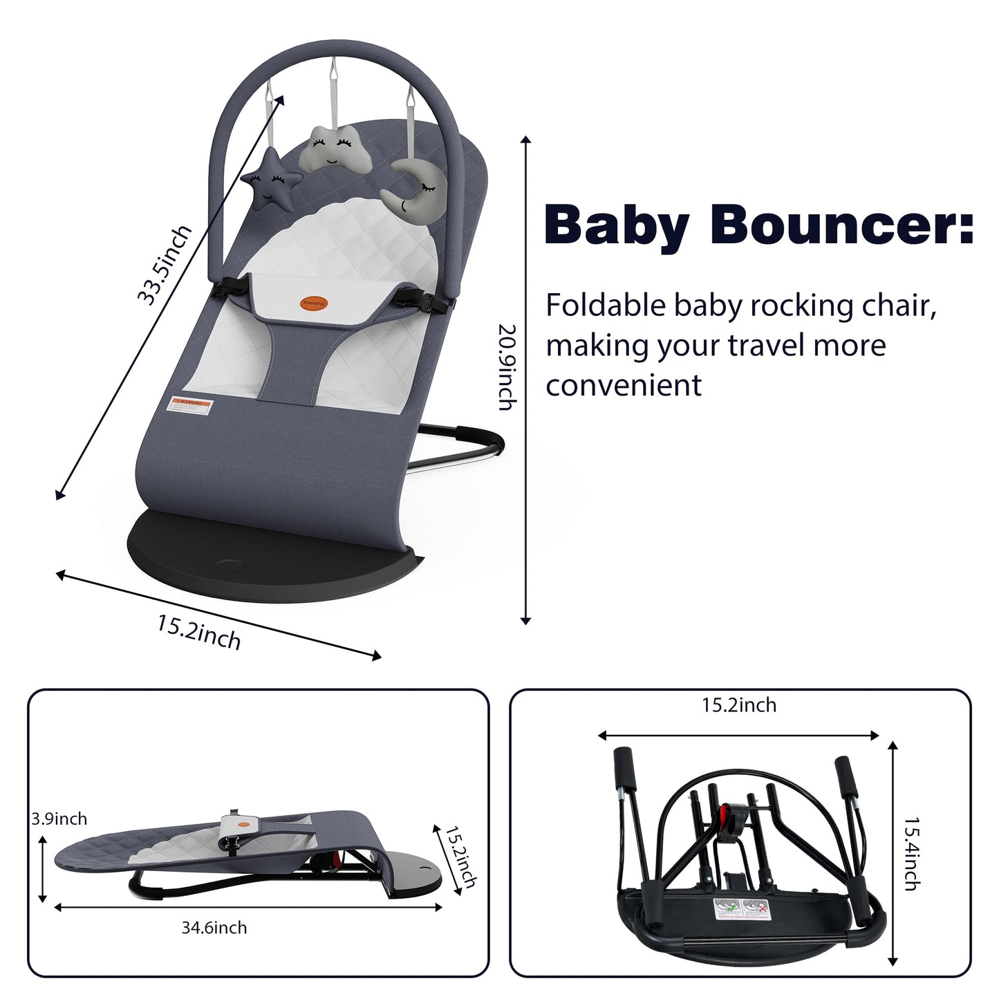 Portable Baby Bouncer Seat for Infants, 0-18 Months, 3 Modes of Use with Rocker & Stationary Options, Ergonomic Infant Chair with Hanging Toys – Grey