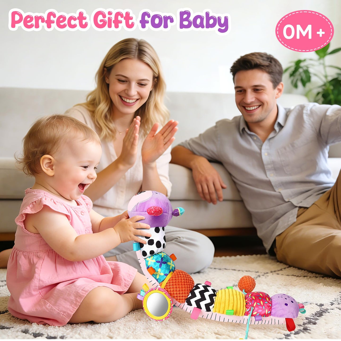 Baby Sensory Toys for 0-6 6-12 Months, Musical Stuffed Caterpillar Animal Toys for Infant 3 6 9 12 18 Months, Tummy Time Toys with Mirror Rattle Crinkle for Newborn Boys Girls Shower Gifts