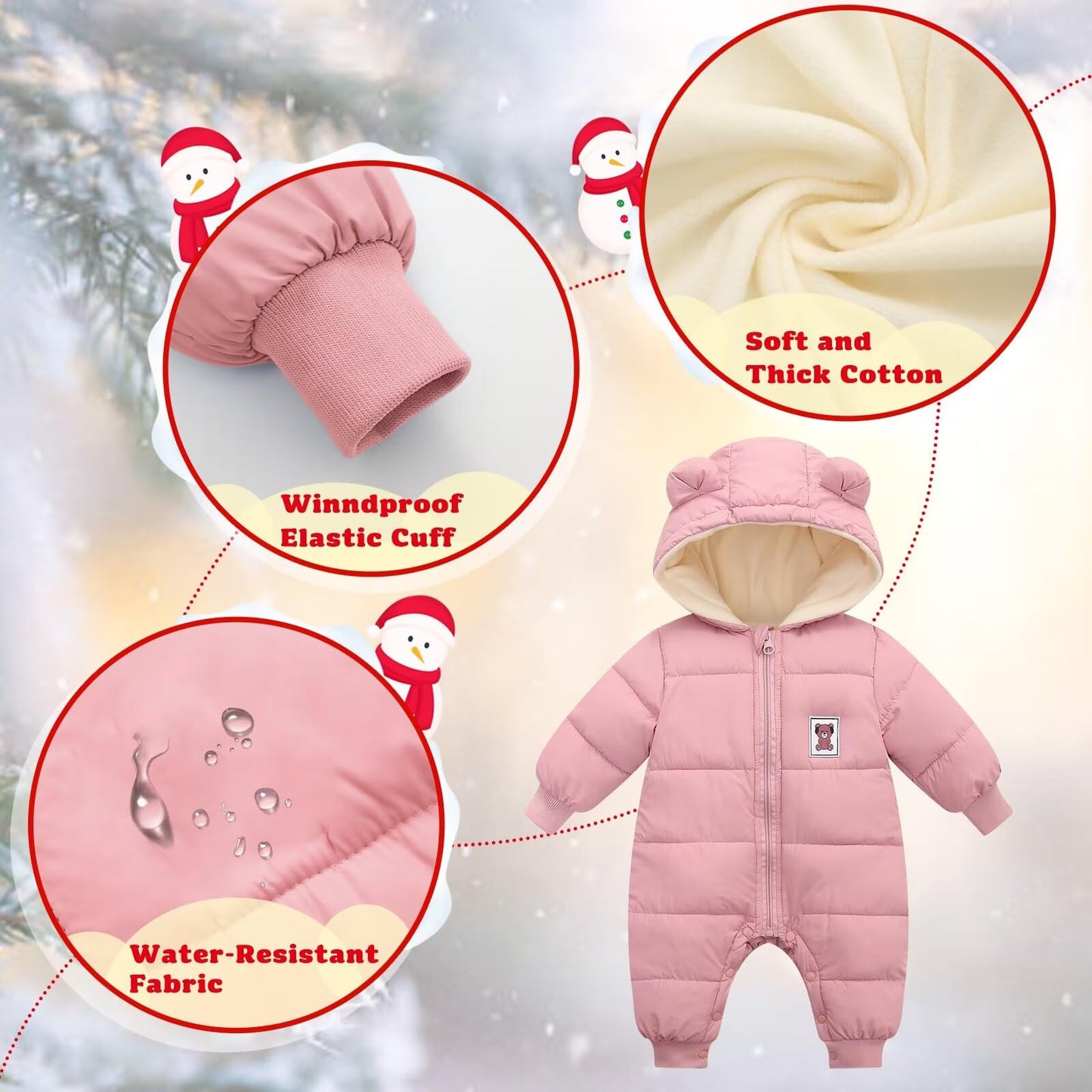 BYFRI Baby Boys Girls Snowsuit Newborn Cozy Winter Coat Infant Bear Hooded Jumpsuit Toddler Snow Outfit for 0-24 Months