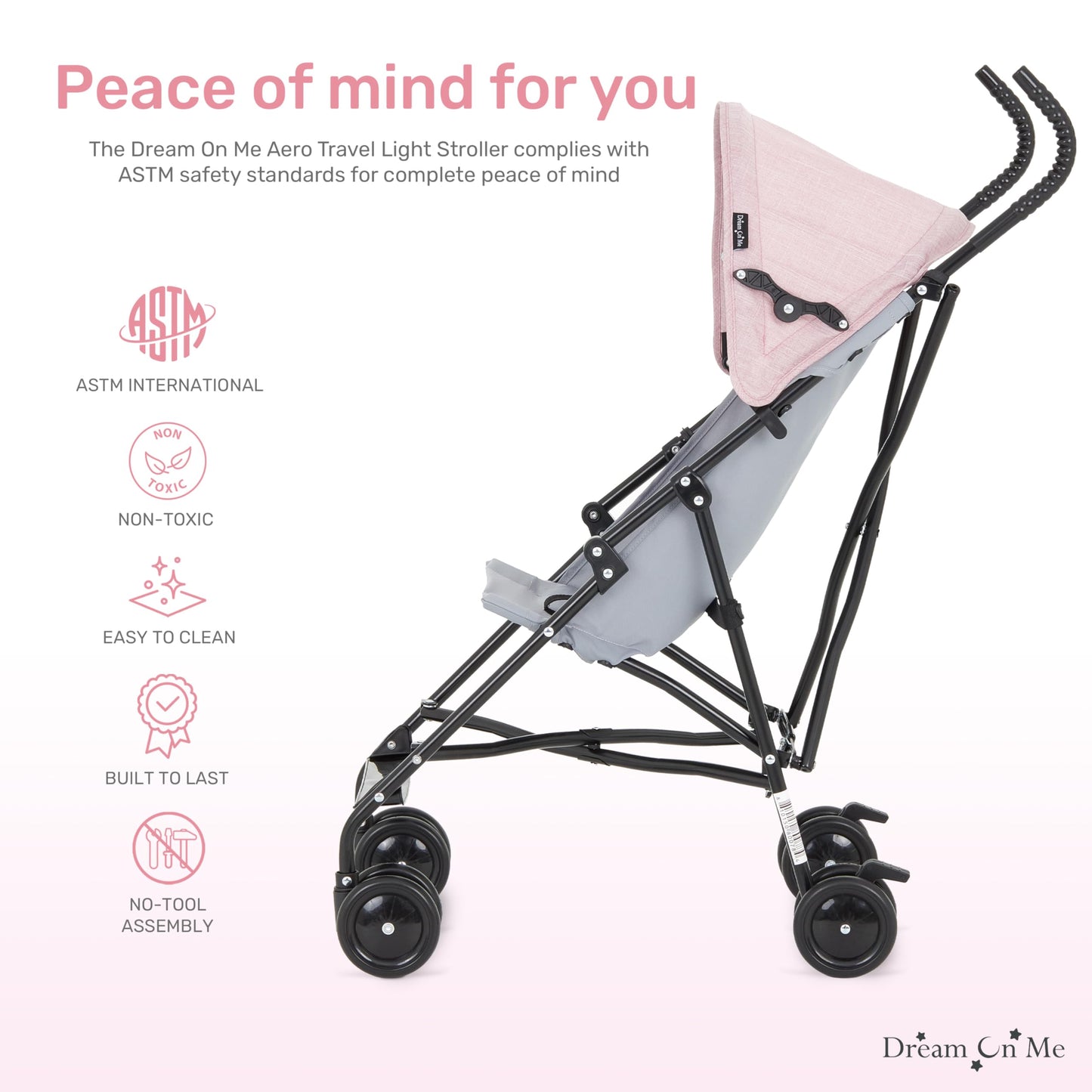 Dream On Me Aero Travel Umbrella Stroller, One-Hand Quick Fold, 3-Point Safety Harness, Dual Brakes, Adjustable Removable Canopy, Lightweight Compact & Space-Saving for Infants and Toddlers – Black