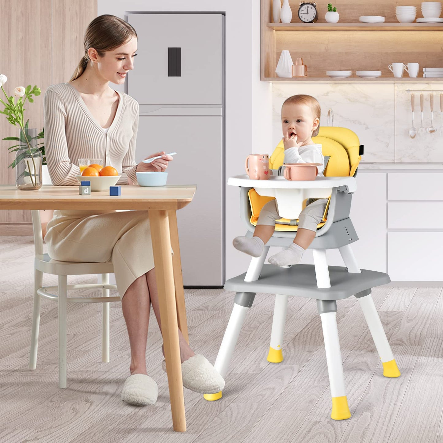 HONEY JOY 8 in 1 Baby High Chair, Convertible Highchair for Babies and Toddlers/Table and Chair Set/Building Block Table/Booster Seat/Stool/Toddler Chair with Safety Harness (Wave Gray)