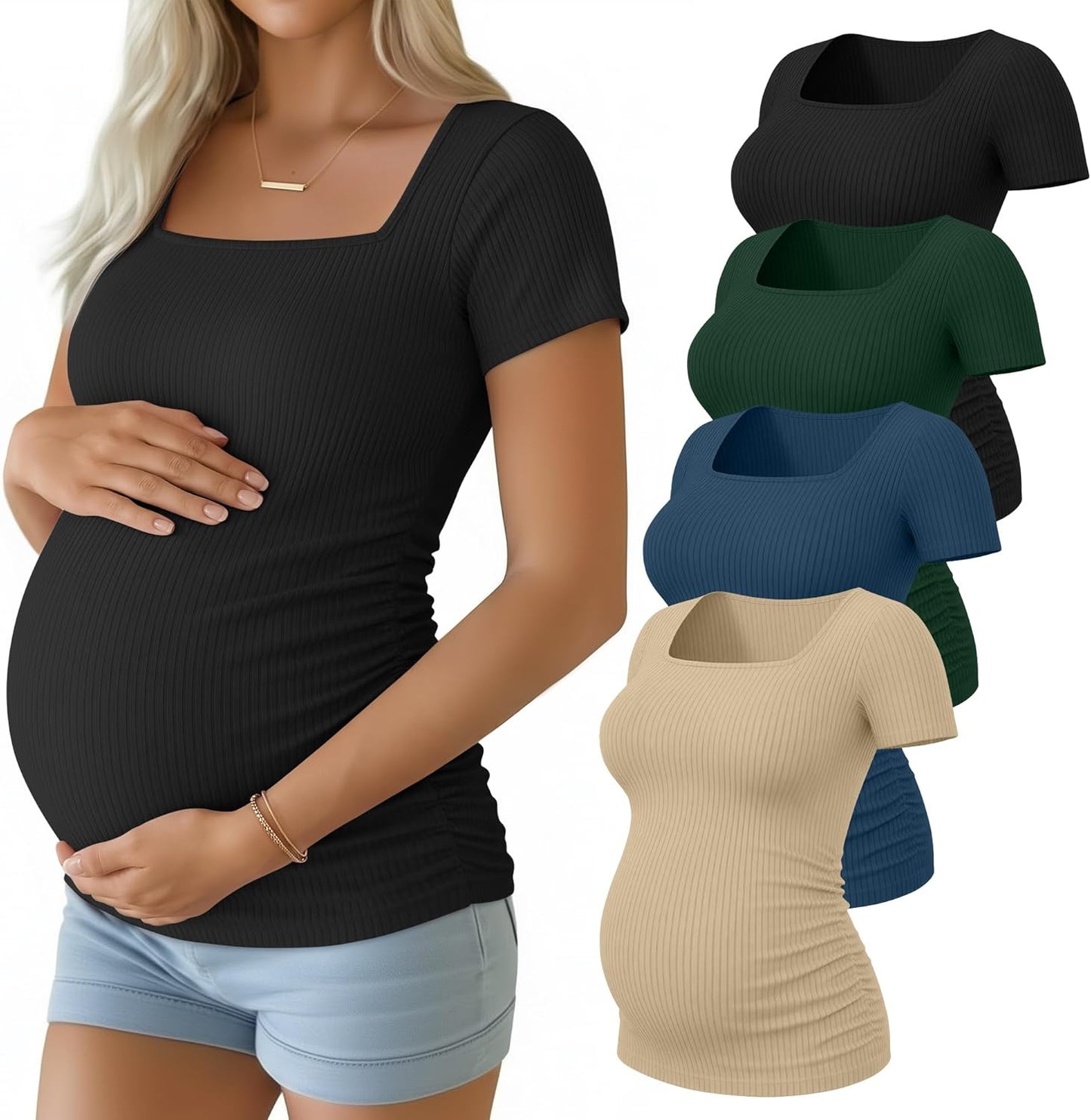 Huukeay 4 Pack Women's Maternity Shirts Cotton Ribbed Short Sleeve Square Neck Pregnancy Tops Side Ruched Summer Tee
