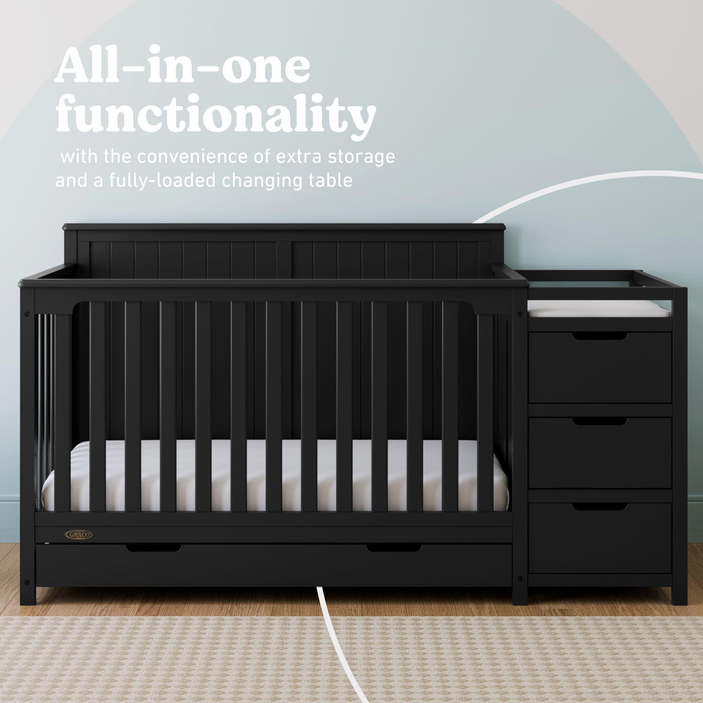 Graco Hadley 5-in-1 Convertible Crib & Changer – GREENGUARD Gold Certified, Fits Standard Crib Mattress, Converts to Toddler Bed and Full Bed, 4 Adjustable Mattress Heights (Pebble Gray)