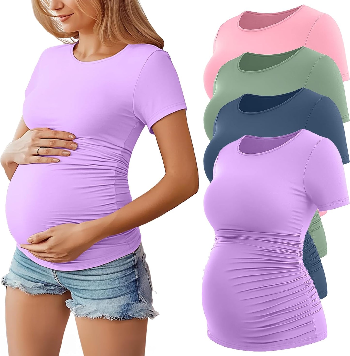 Huukeay 4 Pack Women's Maternity Shirts, Crew Neck Maternity Top Short Sleeve Casual Cotton Tee Side Ruched Pregnancy Clothes