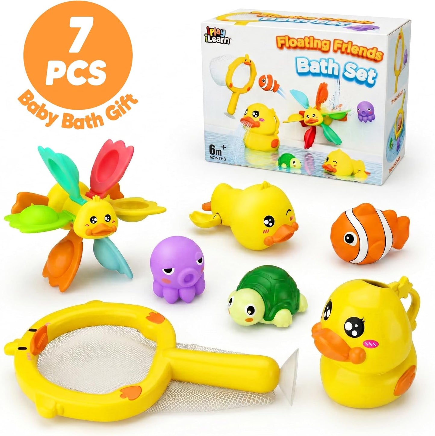 iPlay, iLearn Baby Duck Bath Toy, Toddler Bathtub Shower Toy W/ Suction Spin Gear, Floating Animals, Fishing Net Pool Water Play, Birthday Easter Gift 6 12 18 Month Infant 1 2 3 Year Old Kid Boy Girl