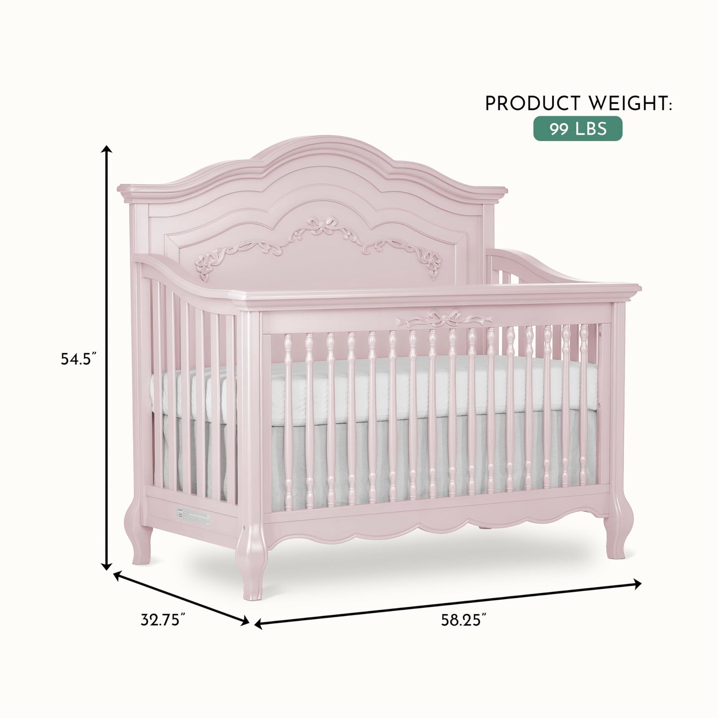 Evolur Aurora 5-in-1 Convertible Full-Size Baby Crib in Ivory Lace, GreenGuard Gold & JPMA, 3 Mattress HeightsRibbon Bow Scrollwork & Queen Anne Feet, Converts to Toddler, Day & Full-Size Bed
