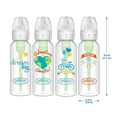 Dr. Brown's Natural Flow Anti-Colic Options+ Narrow Baby Bottle, 8 oz/250 mL, with Level 1 Slow Flow Nipples, 0m+, 4 Pack
