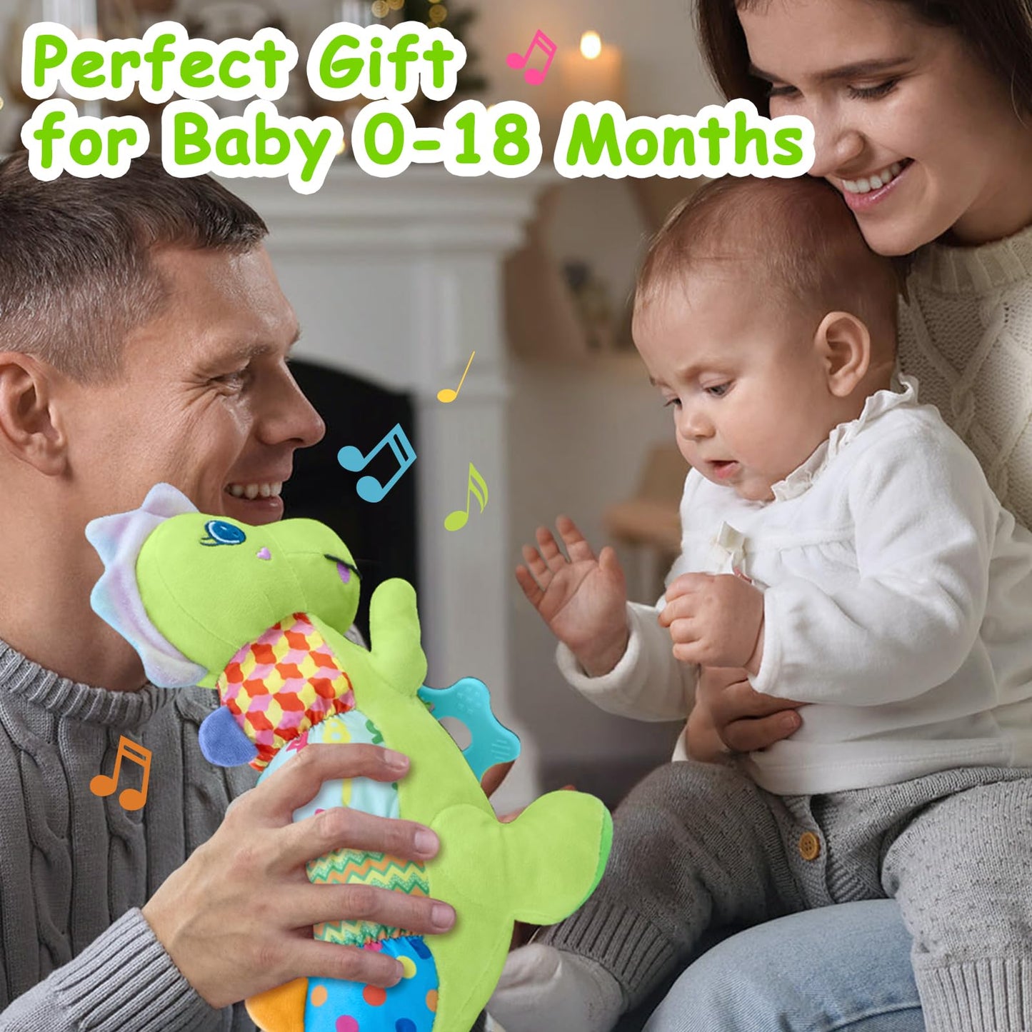 Baby Dino Plush Soft Stuffed Animal Toy for 0-3-6-12+ Months,Infant Musical Toy with Rattle,Squeaker,Sensory Crinkle,Teether & Textures,Tummy Time Toys Christmas Baby Gift for Newborn Girl Boy (Blue)