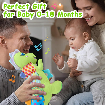 Baby Dino Plush Soft Stuffed Animal Toy for 0-3-6-12+ Months,Infant Musical Toy with Rattle,Squeaker,Sensory Crinkle,Teether & Textures,Tummy Time Toys Christmas Baby Gift for Newborn Girl Boy (Blue)