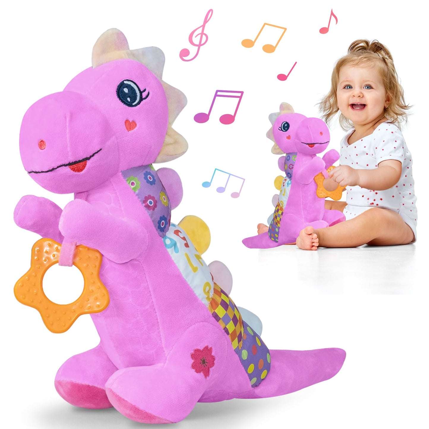 Baby Dino Plush Soft Stuffed Animal Toy for 0-3-6-12+ Months,Infant Musical Toy with Rattle,Squeaker,Sensory Crinkle,Teether & Textures,Tummy Time Toys Christmas Baby Gift for Newborn Girl Boy (Blue)