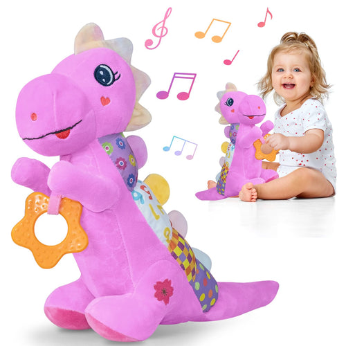 Baby Dino Plush Soft Stuffed Animal Toy for 0-3-6-12+ Months,Infant Musical Toy with Rattle,Squeaker,Sensory Crinkle,Teether & Textures,Tummy Time Toys Christmas Baby Gift for Newborn Girl Boy (Blue)