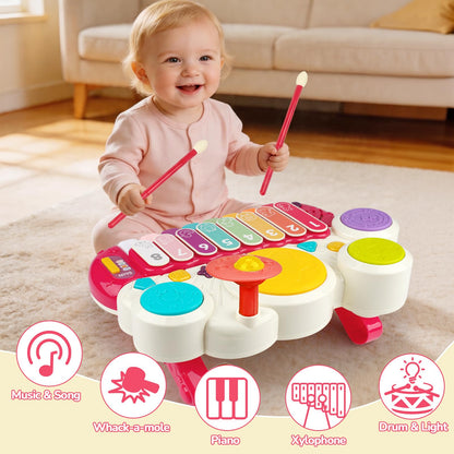 Baby Piano Drum Set for Toddlers 1-3, Musical Toys 3 In 1 Baby DJ Table Piano Keyboard Xylophone Instruments for 1 2 Year Old Boys Girls Music & Light Activity Table 6-12-18 Months Old Birthday Gifts