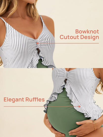 Summer Mae Maternity Swimsuit One Piece Ruffle Cutout Pregnancy Bathing Suit Lace Up Swimwear