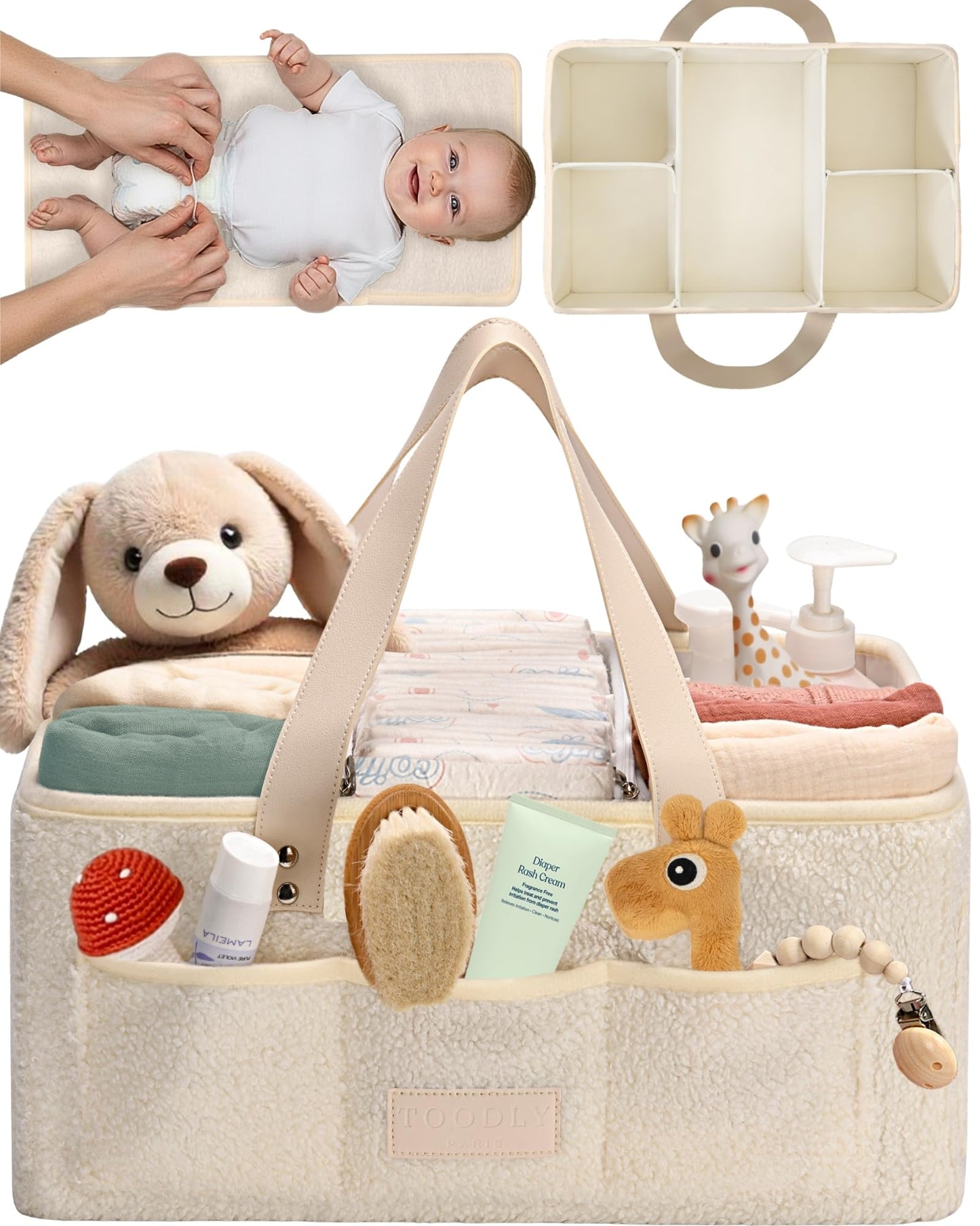 Baby Diaper Caddy Organizer with Portable Changing Mat - Teddy Fleece Diaper Organizer for Changing Table - Basket for Changing Essentials - Baby Essentials Organizer with Removable Dividers