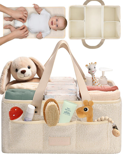 Baby Diaper Caddy Organizer with Portable Changing Mat - Teddy Fleece Diaper Organizer for Changing Table - Basket for Changing Essentials - Baby Essentials Organizer with Removable Dividers