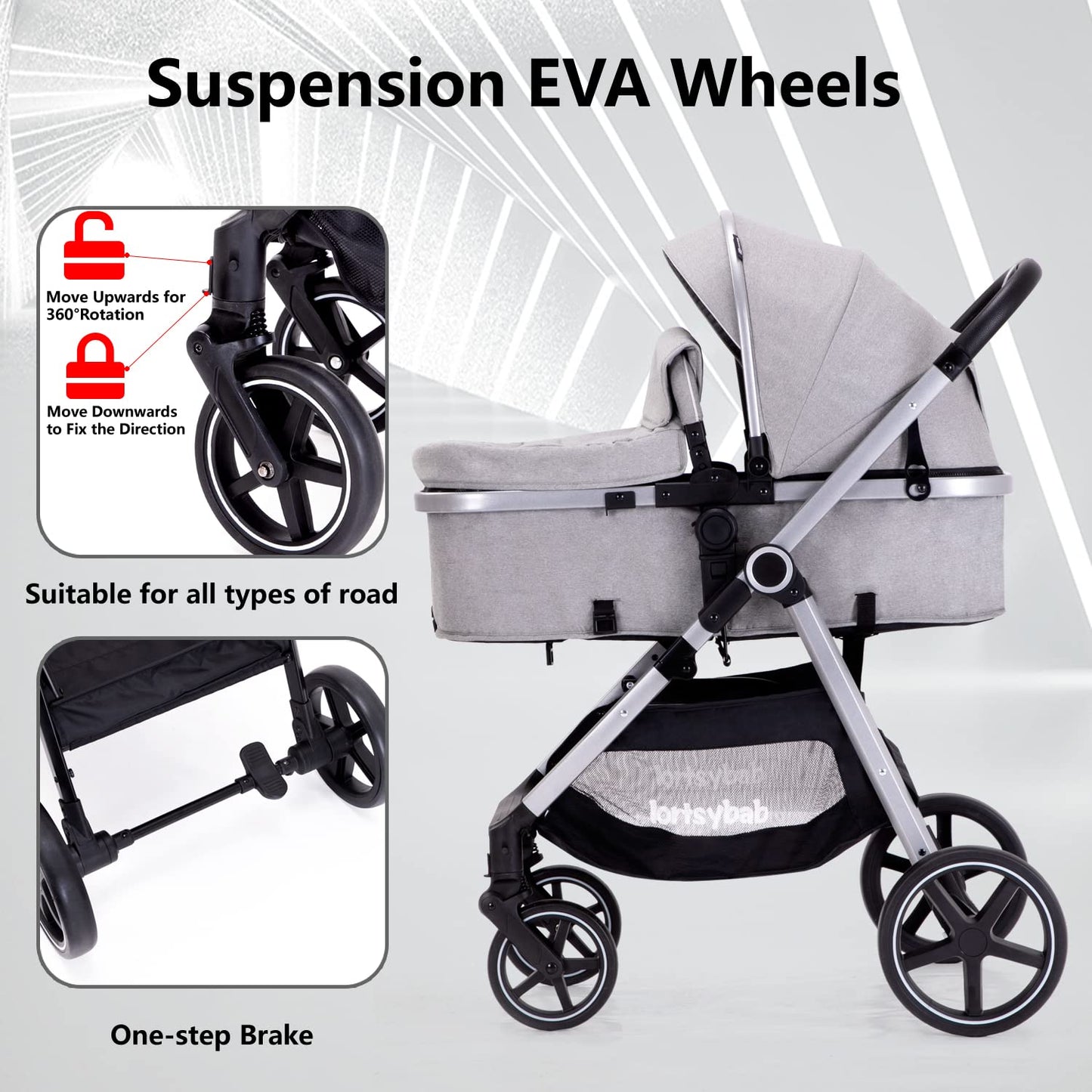 Lortsybab 2-in-1 Baby Stroller - Folding Infant Newborn Pram Stroller with Reversible Seat - Toddler Strollers for 0-36 Months Old Babies (Beige)