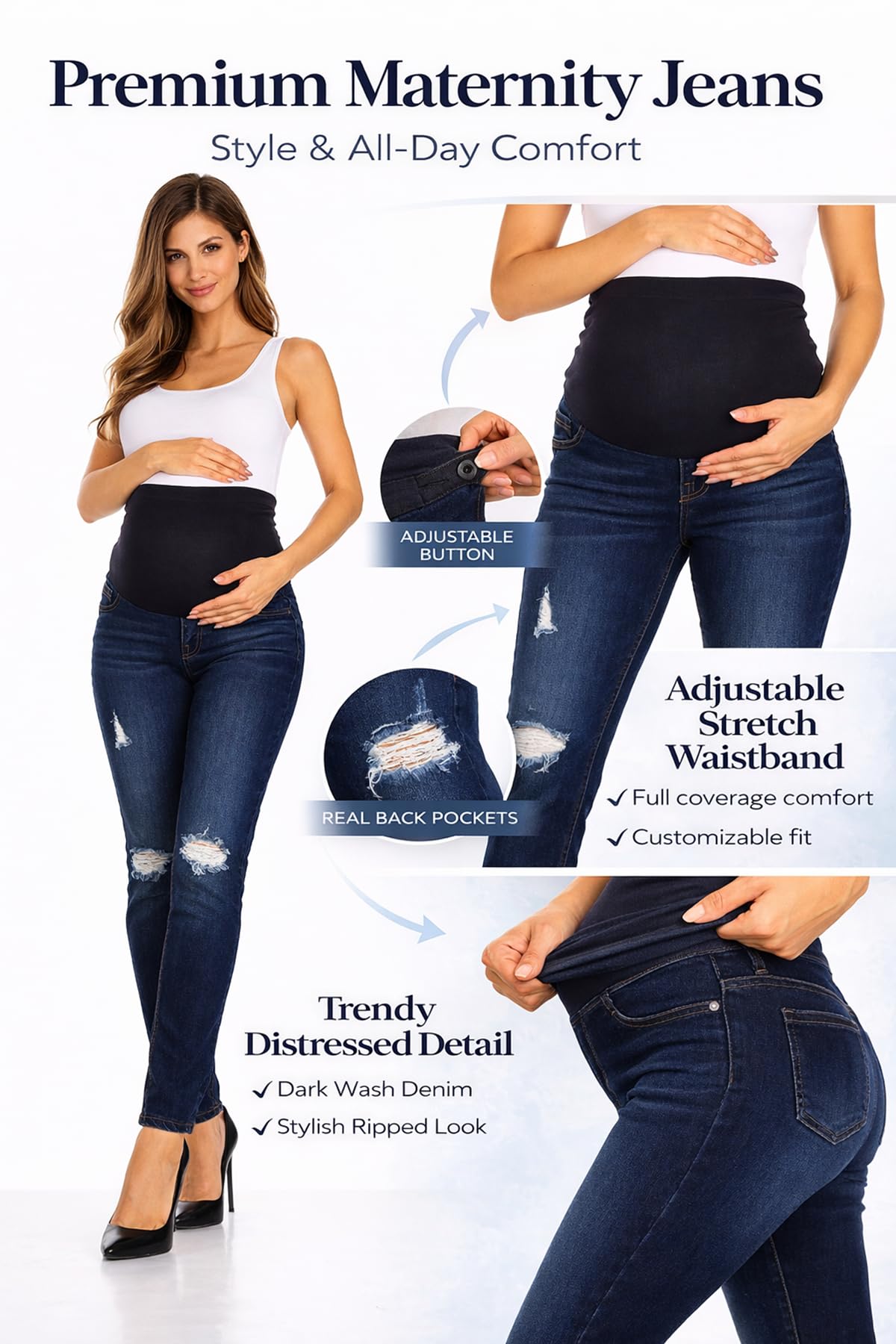 Women's Maternity Jeans Jeggings Full-Panel Pull-On Ripped Distressed Stretchy Skinny Denim Pant
