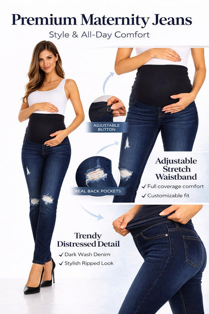 Women's Maternity Jeans Jeggings Full-Panel Pull-On Ripped Distressed Stretchy Skinny Denim Pant