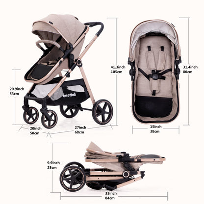 Lortsybab 2-in-1 Baby Stroller - Folding Infant Newborn Pram Stroller with Reversible Seat - Toddler Strollers for 0-36 Months Old Babies (Beige)