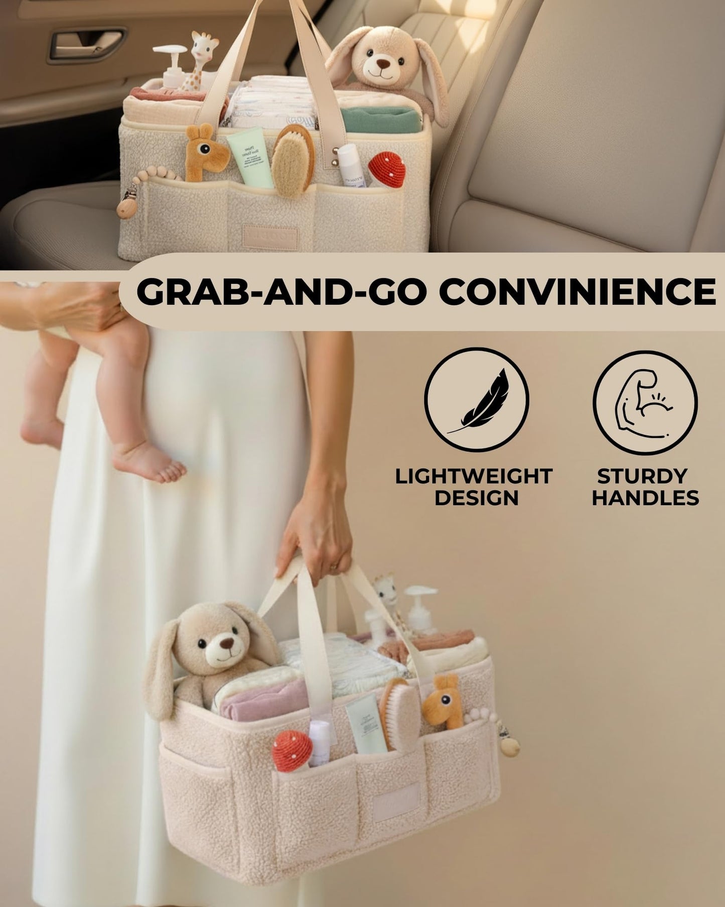 Baby Diaper Caddy Organizer with Portable Changing Mat - Teddy Fleece Diaper Organizer for Changing Table - Basket for Changing Essentials - Baby Essentials Organizer with Removable Dividers